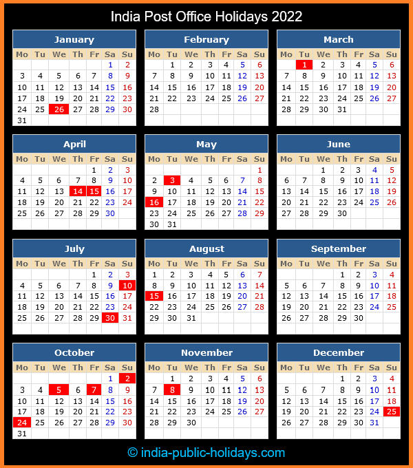 India Post Office Holiday Calendar 2022